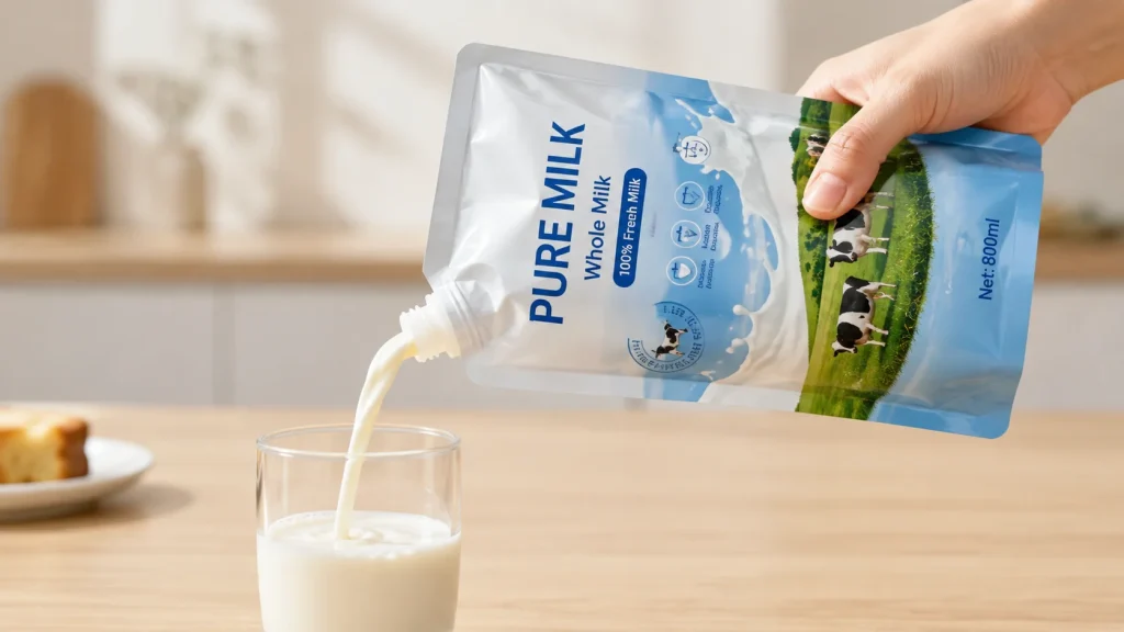 Pouring Milk from a Spout Pouch