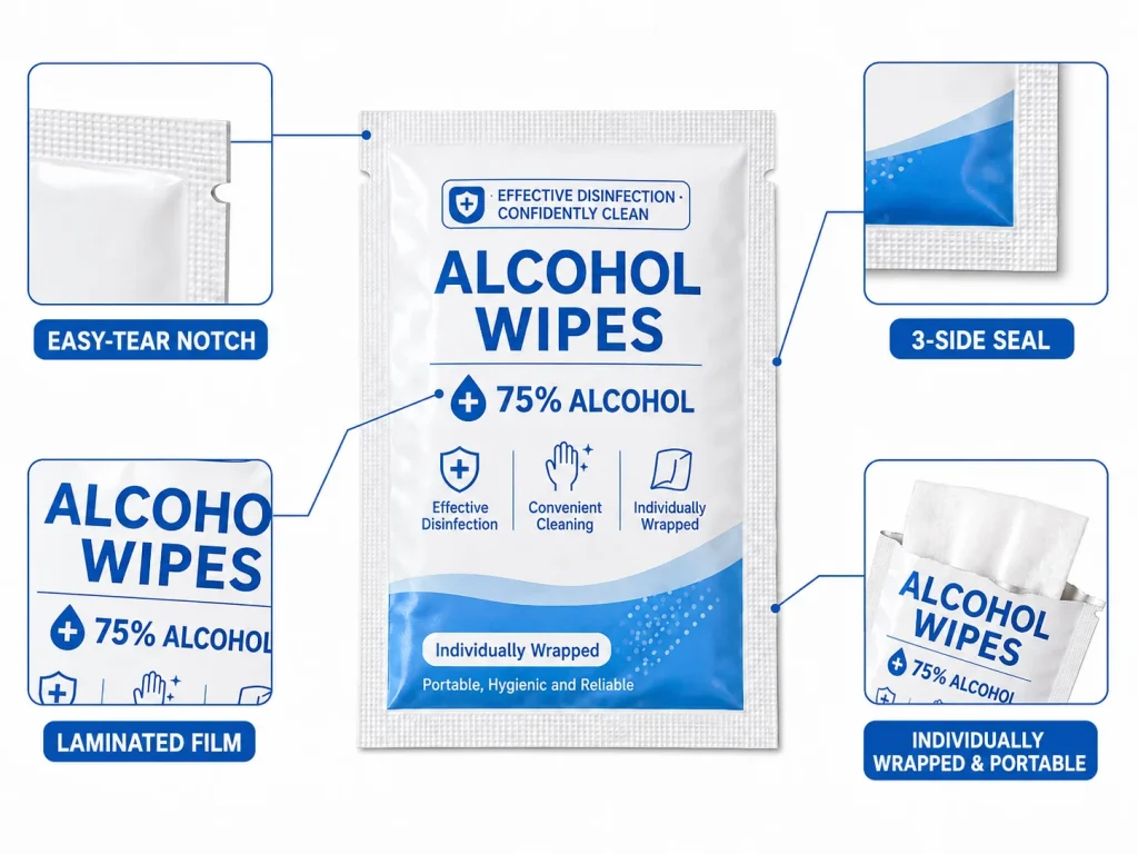 3 side seal pouches - alcohol wipes features