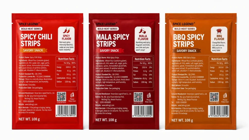 3 side seal pouches - spicy snack packaging
