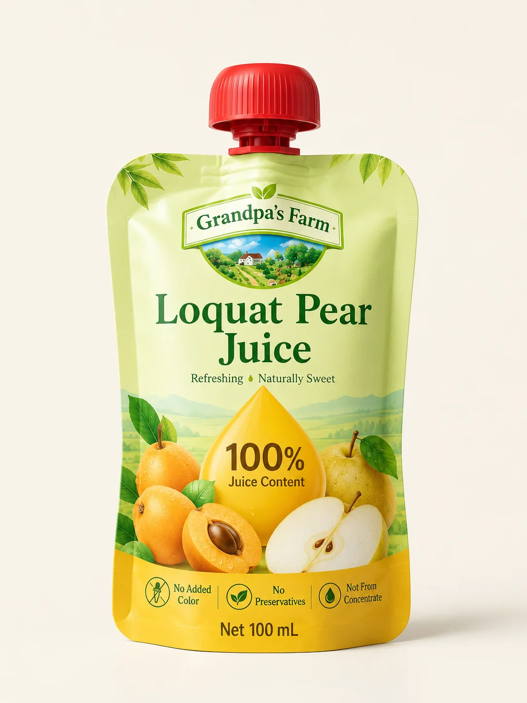 Custom beverage packaging pouches for pear juice products