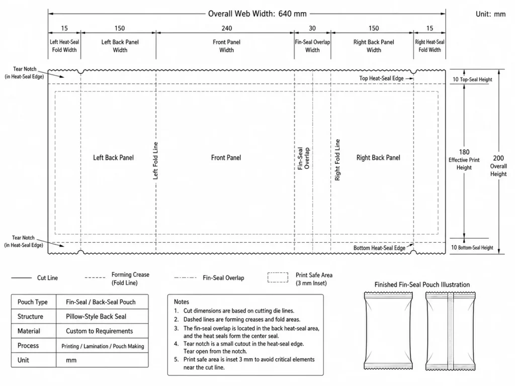 fin seal pouches - technical dieline