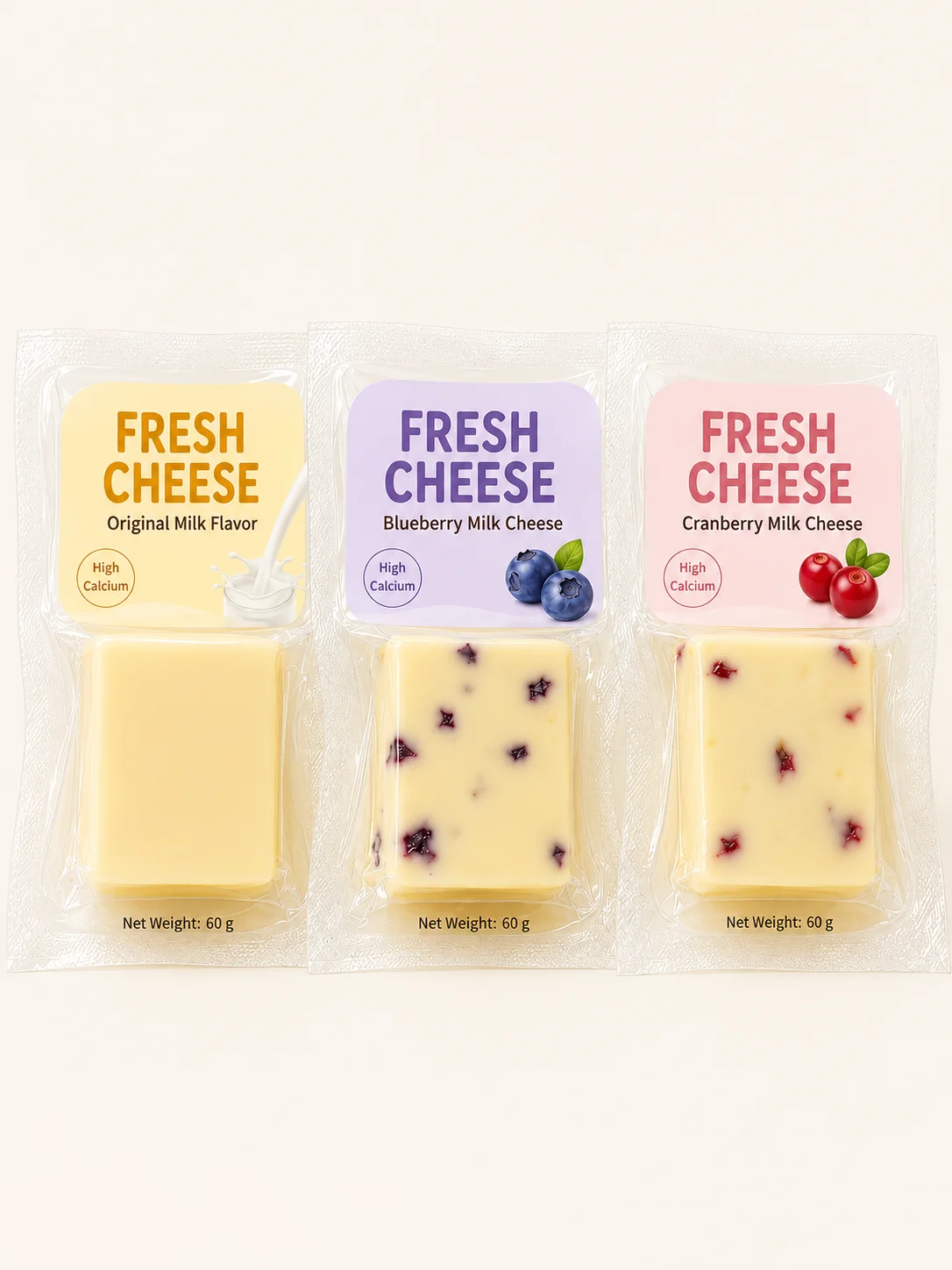 Custom dairy packaging pouches for cheese portions and snacks