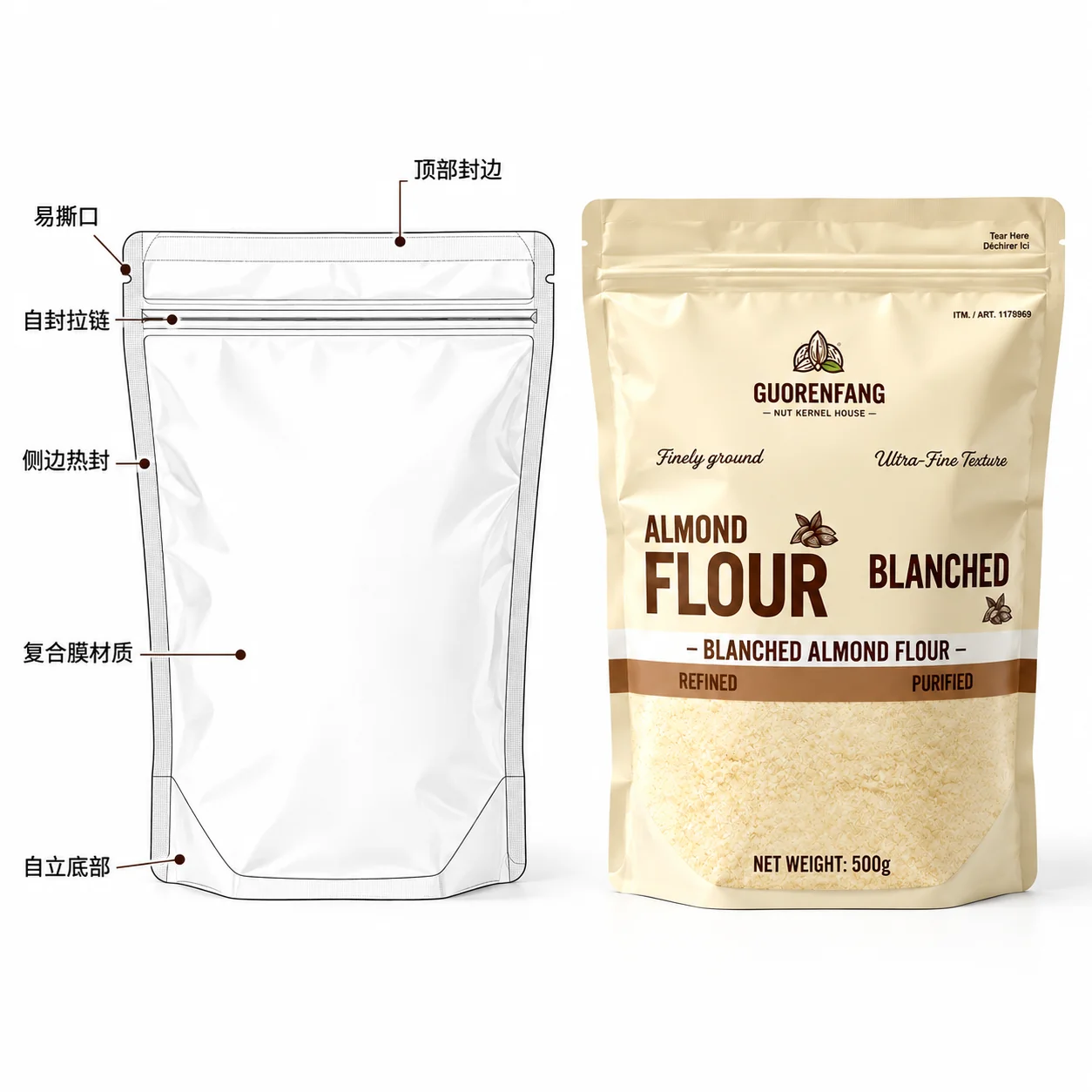 almond flour stand up pouches zipper tear notch and bottom gusset diagram