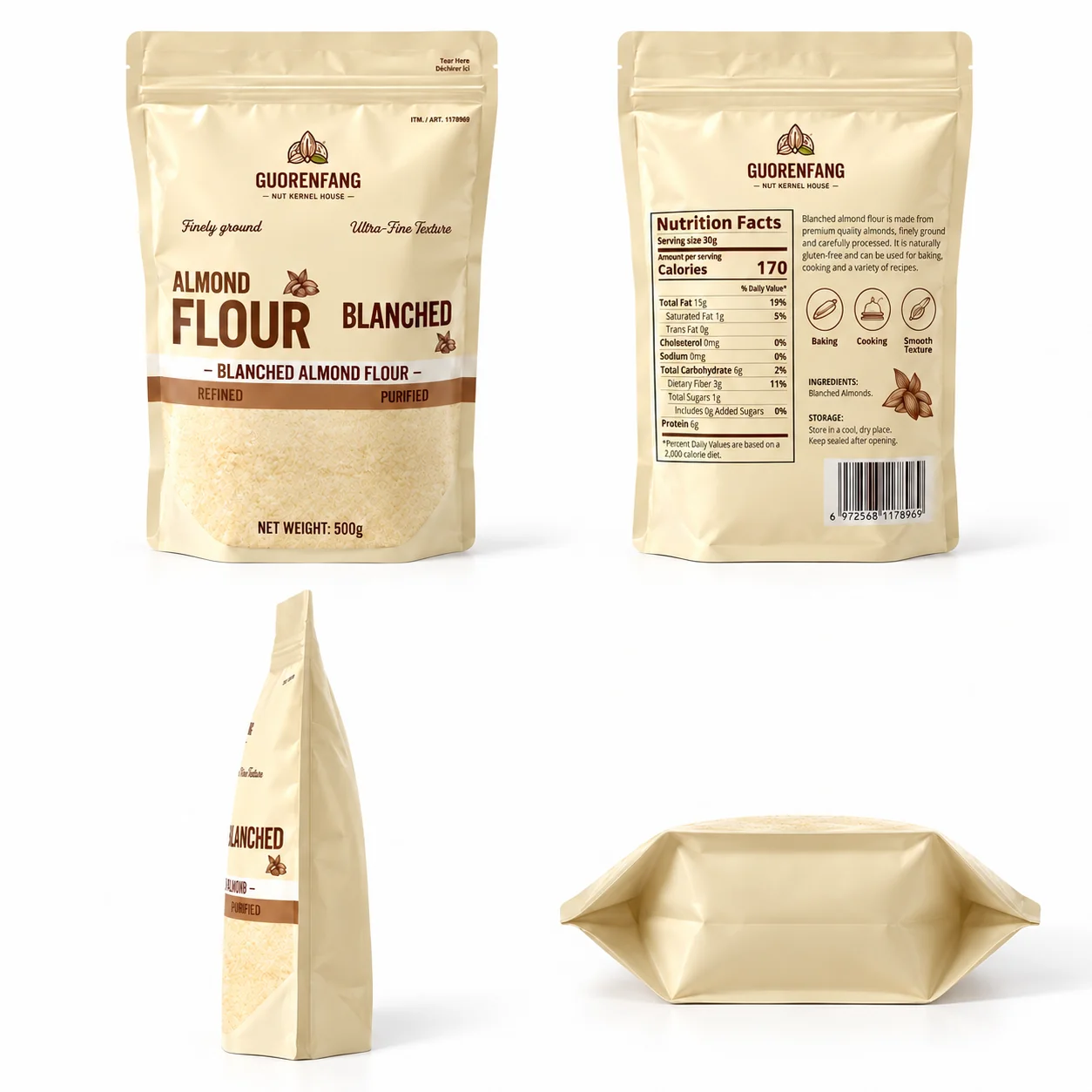 almond flour stand up pouches front back side and bottom views