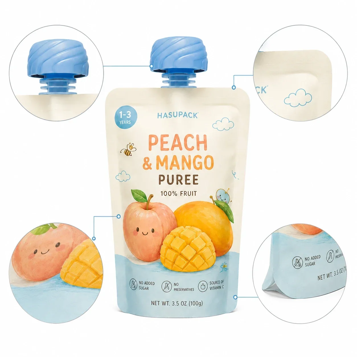 Food-Grade 121 degree C Retort Fruit Puree Spout Pouch Customization: BPA-Free, Aluminum-Foil-Free High-Barrier Stand-Up Spout Pouch for Baby Food packaging view