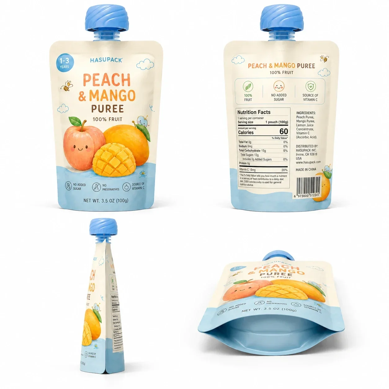 Food-Grade 121 degree C Retort Fruit Puree Spout Pouch Customization: BPA-Free, Aluminum-Foil-Free High-Barrier Stand-Up Spout Pouch for Baby Food packaging view