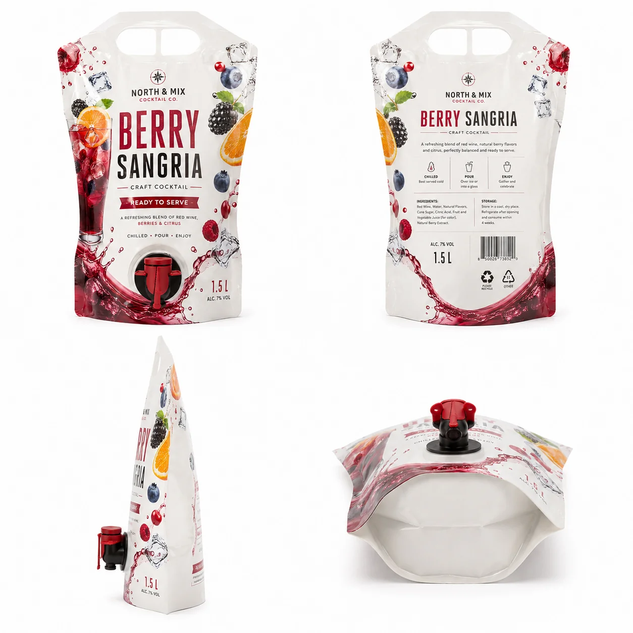 Multiple views of a handled stand-up cocktail pouch with tap