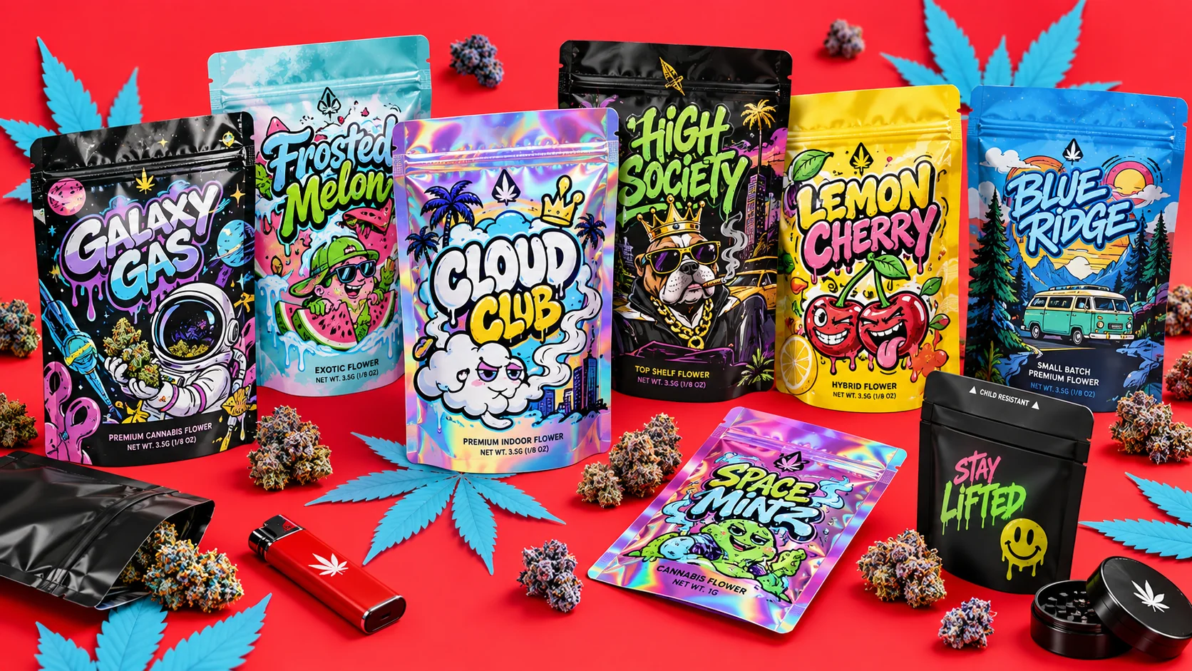 Display of custom cannabis packaging bags for flower, resealable smell-proof mylar pouches printed with brand artwork