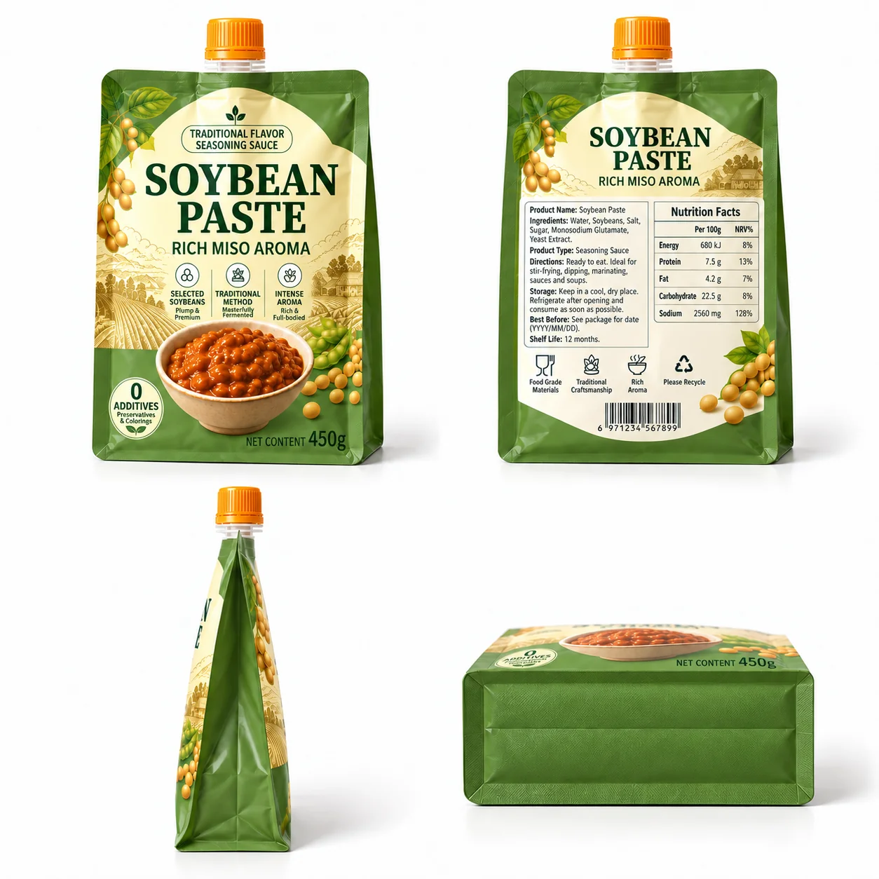 Soybean paste pouch front back side and flat bottom views