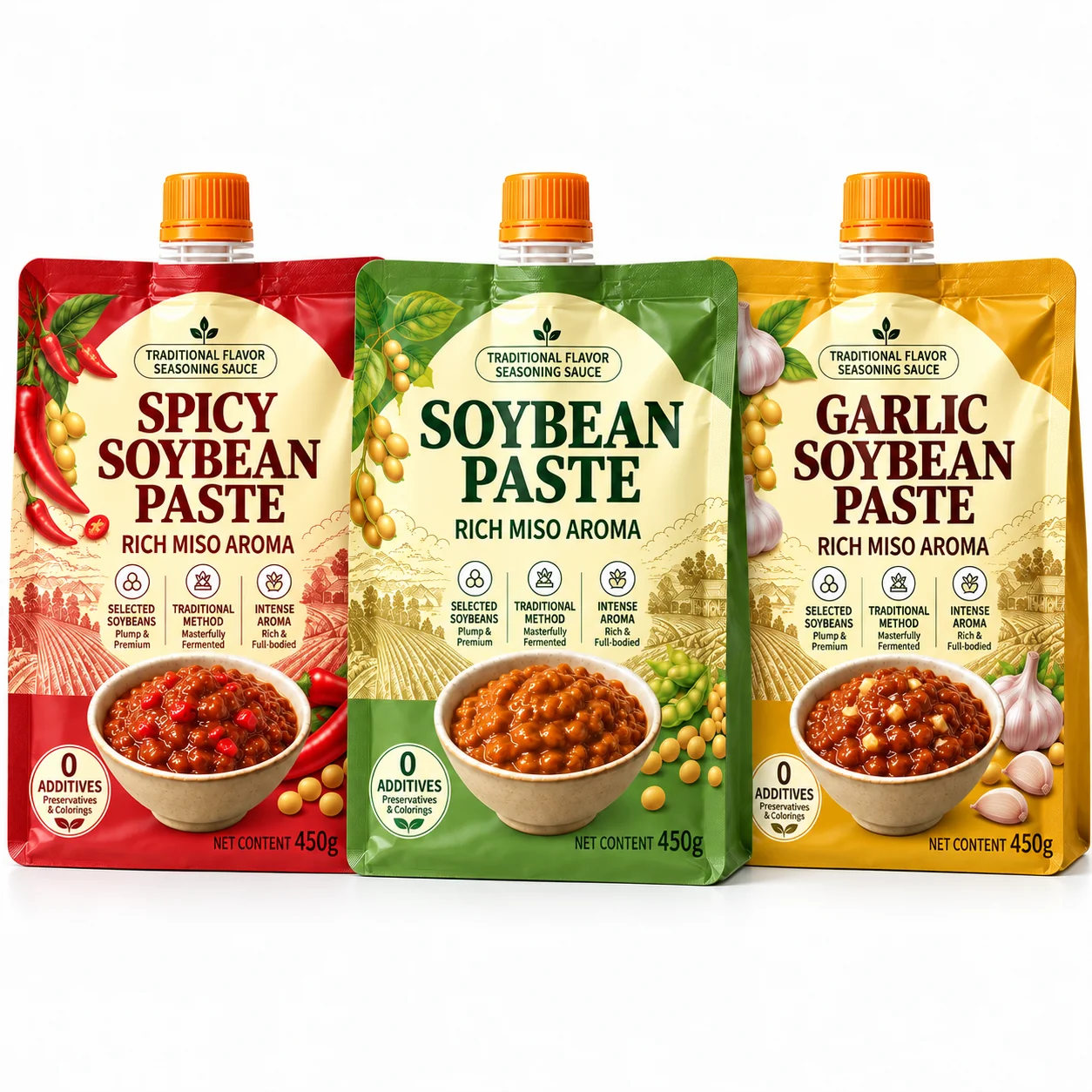 Printed sauce spout pouch range for three flavors