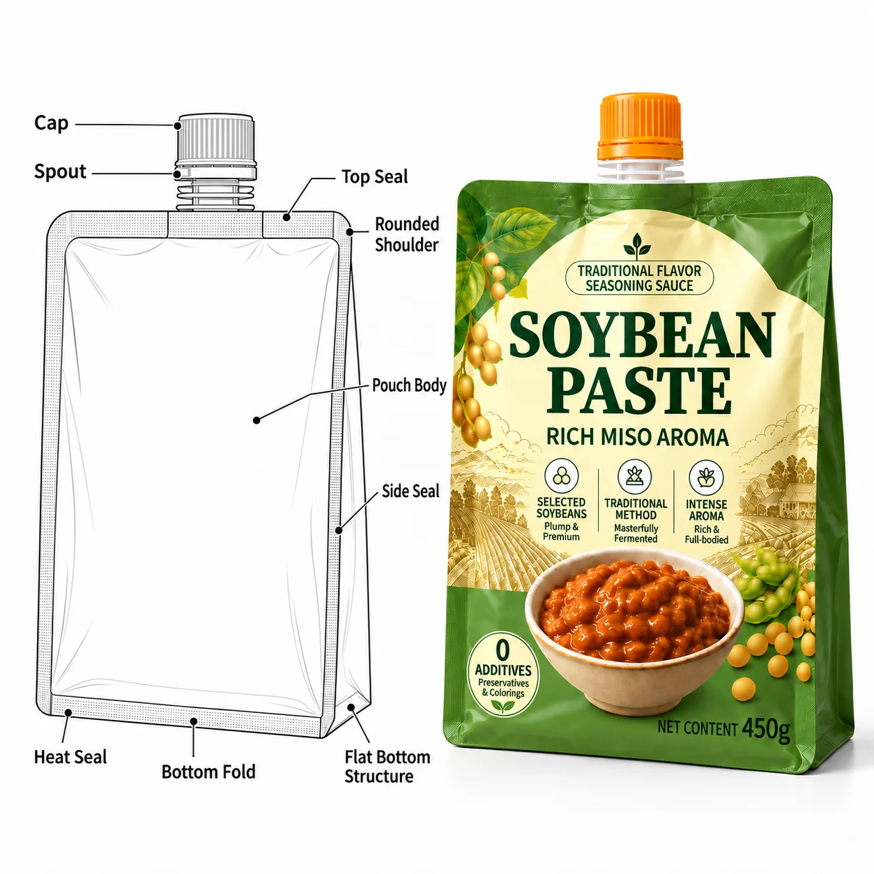 Flat bottom sauce pouch cap spout seals and body structure