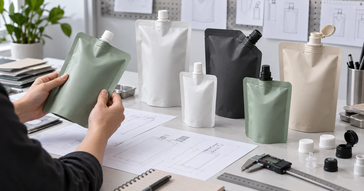 Buyer comparing custom spout pouch samples and closure options
