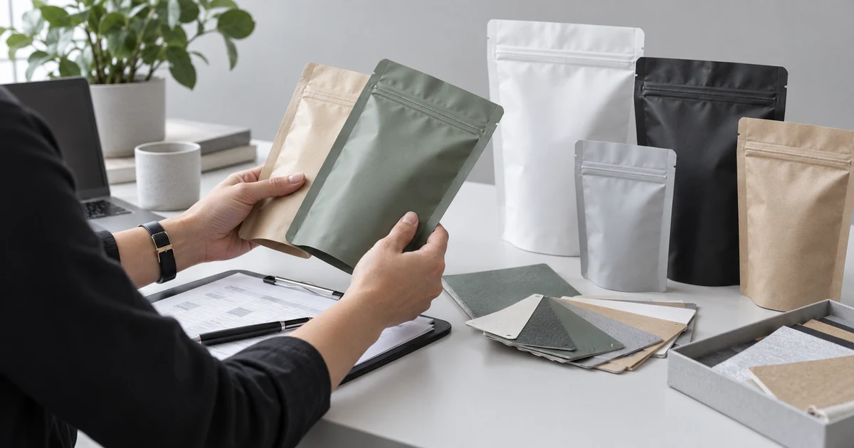 Buyer comparing custom stand-up pouch samples and supplier quotations