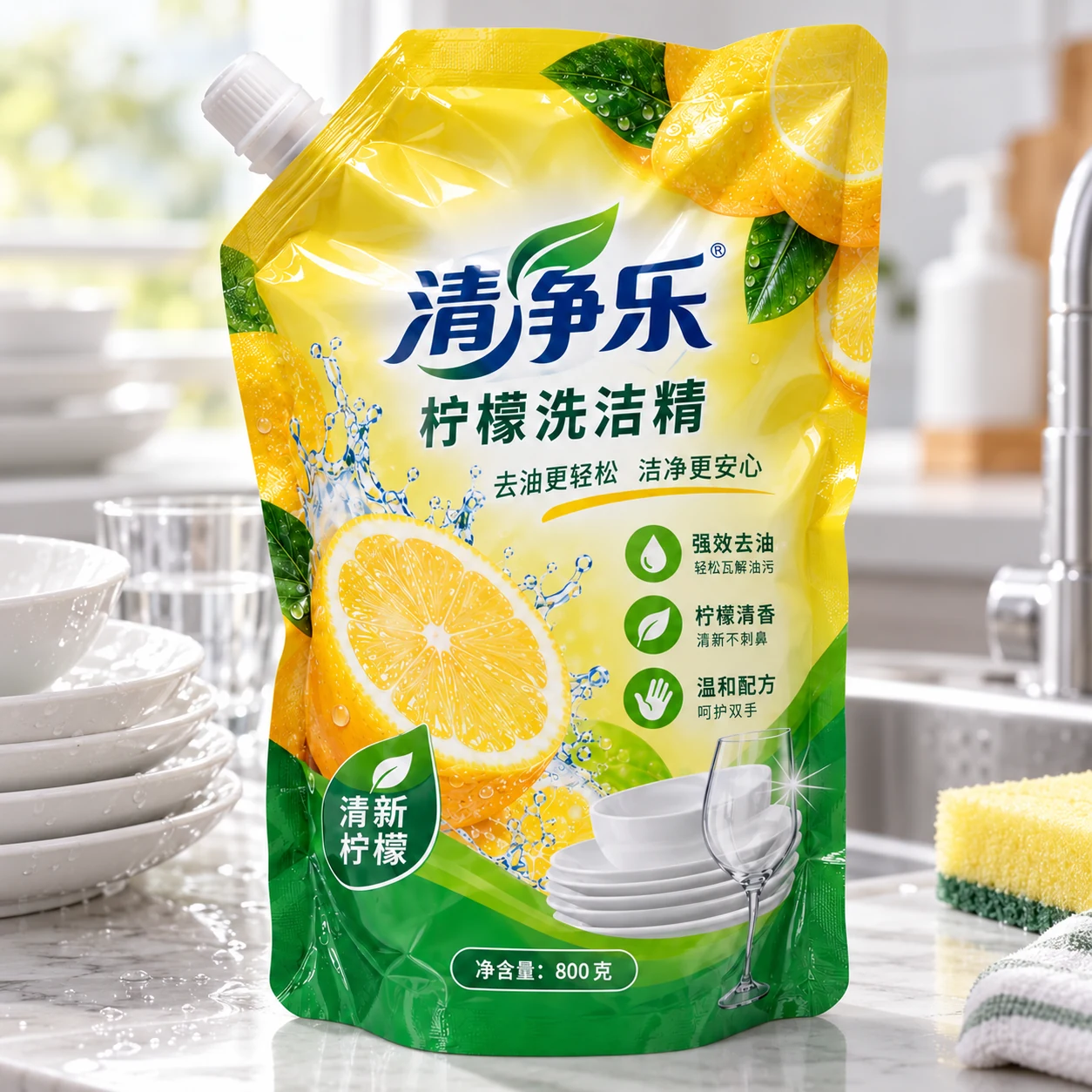 Dish soap refill pouches - application scene