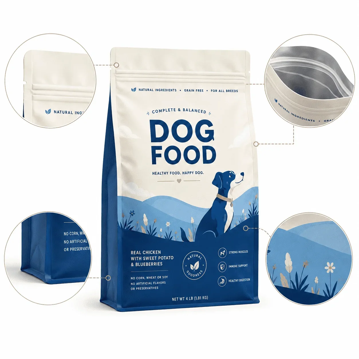 Custom Dog and Cat Food Pouches, Pet Treat Pouches, Pet Freeze-Dried Treat Pouches packaging view