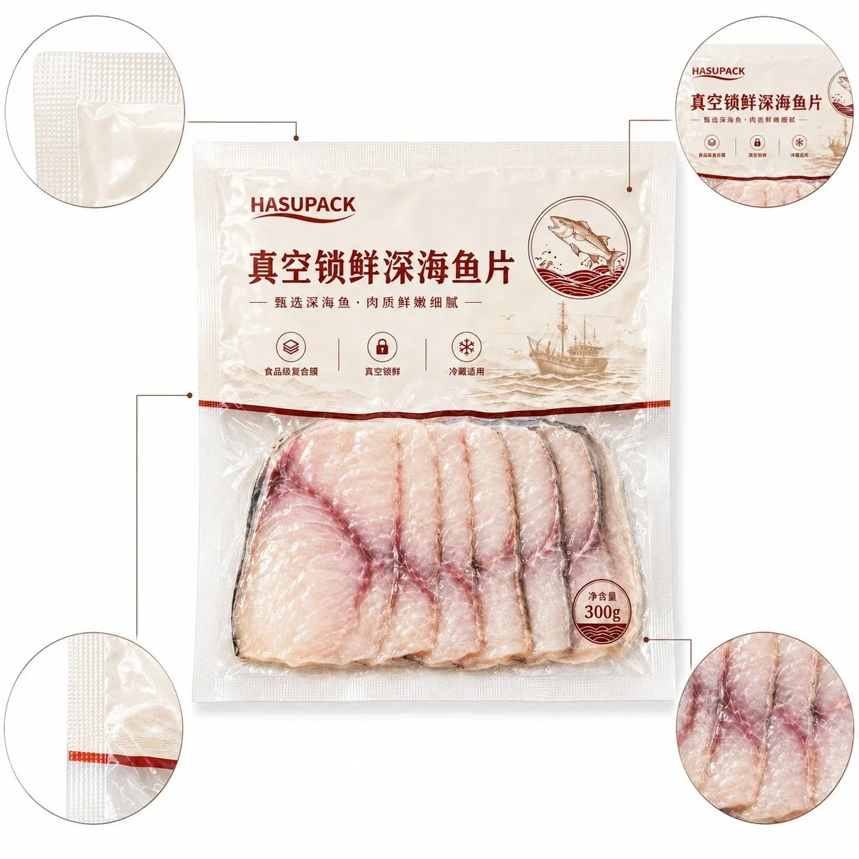 Food Vacuum Pouch Customization: Freezer Pouch Manufacturer for Fish Fillets, Seafood, Deli Meat and Fresh Meat packaging view