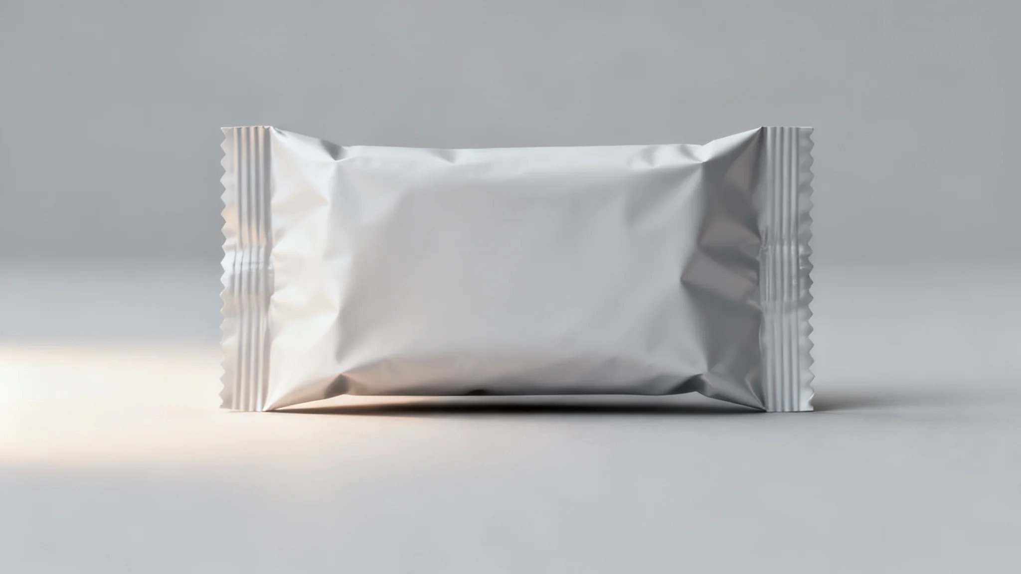 Fragile snack packaging concept: filled snack pouch with headspace on a plain surface