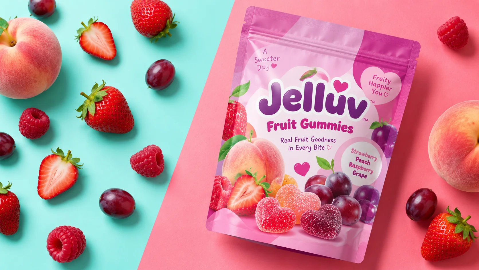 Resealable fruit gummy packaging with strawberry peach raspberry and grape flavors