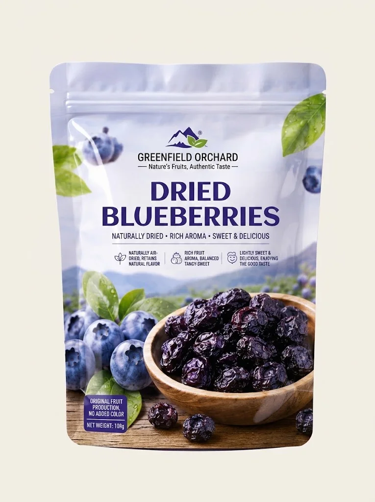 Agricultural product packaging pouches for dried blueberries