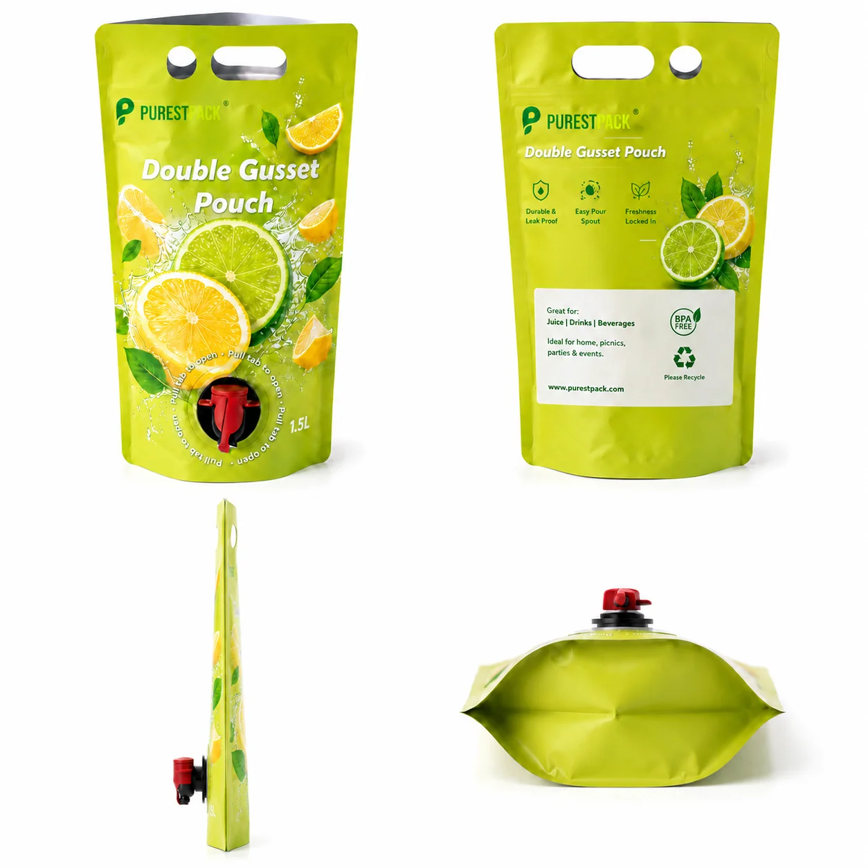 Large-capacity beverage pouch shown from multiple angles