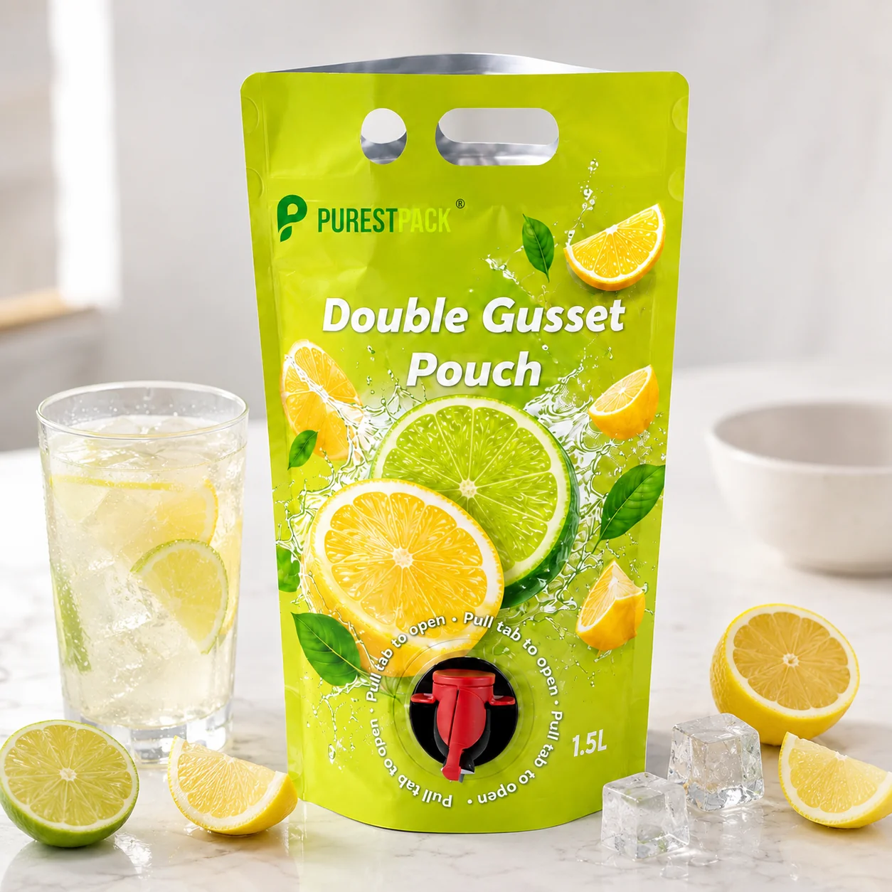 Large beverage packaging pouch used for convenient drink dispensing