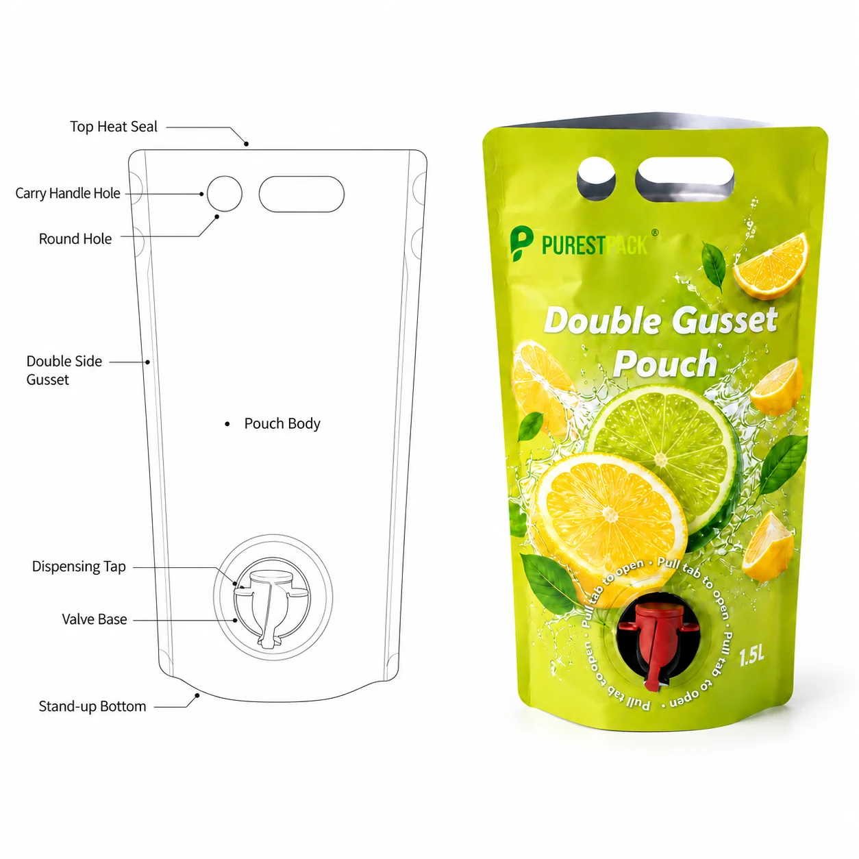 Technical dimensions for a large-capacity beverage stand-up pouch