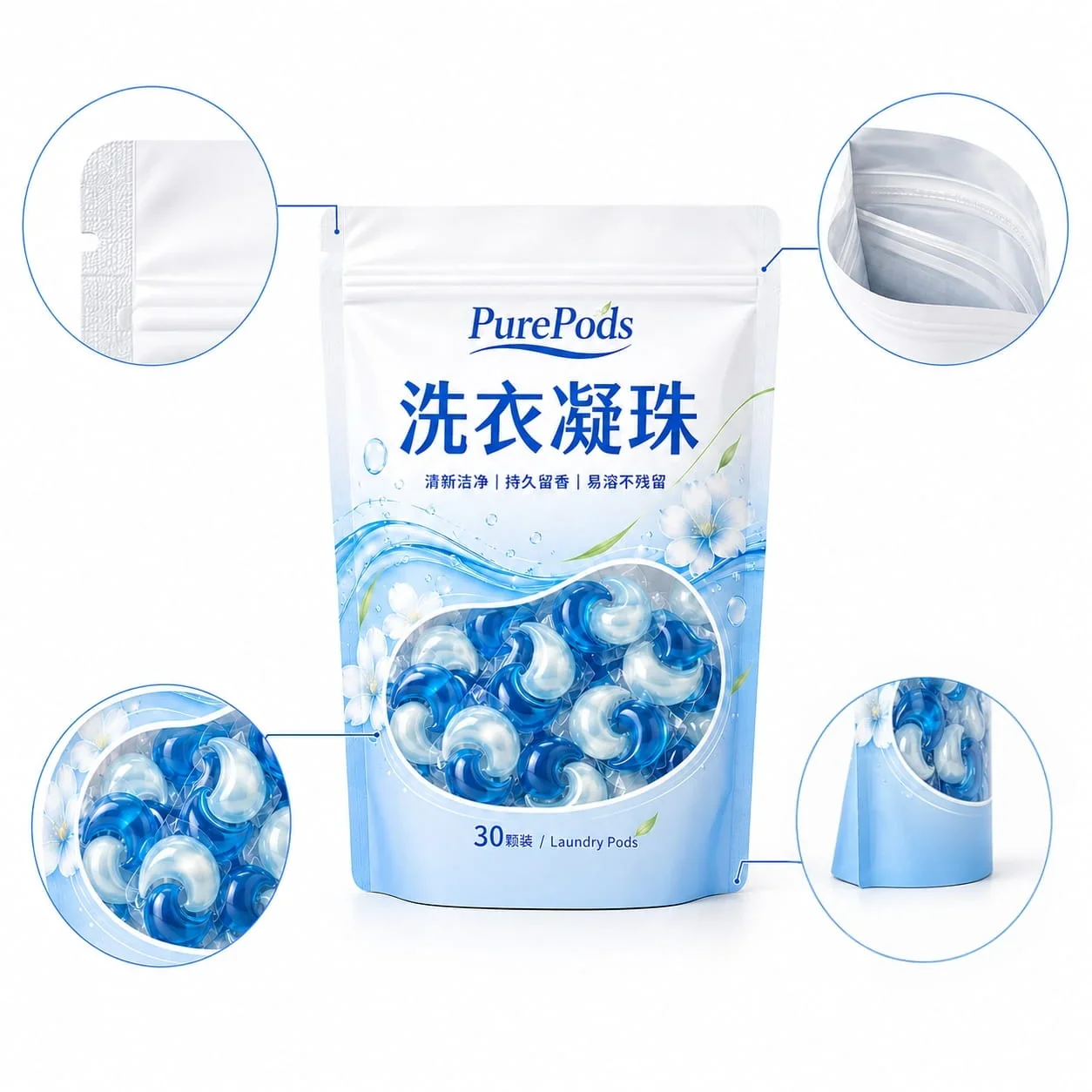 Custom Three-Side Seal and Stand-Up Pouches for Laundry and Household Care, Laundry Pod and Effervescent Tablet Repack Pouches packaging view