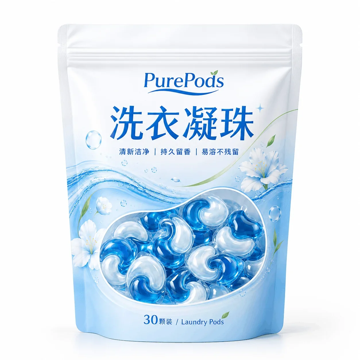 Custom Three-Side Seal and Stand-Up Pouches for Laundry and Household Care, Laundry Pod and Effervescent Tablet Repack Pouches packaging view