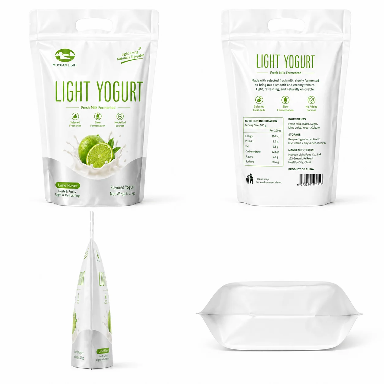 Multiple views of a custom milk packaging stand-up pouch