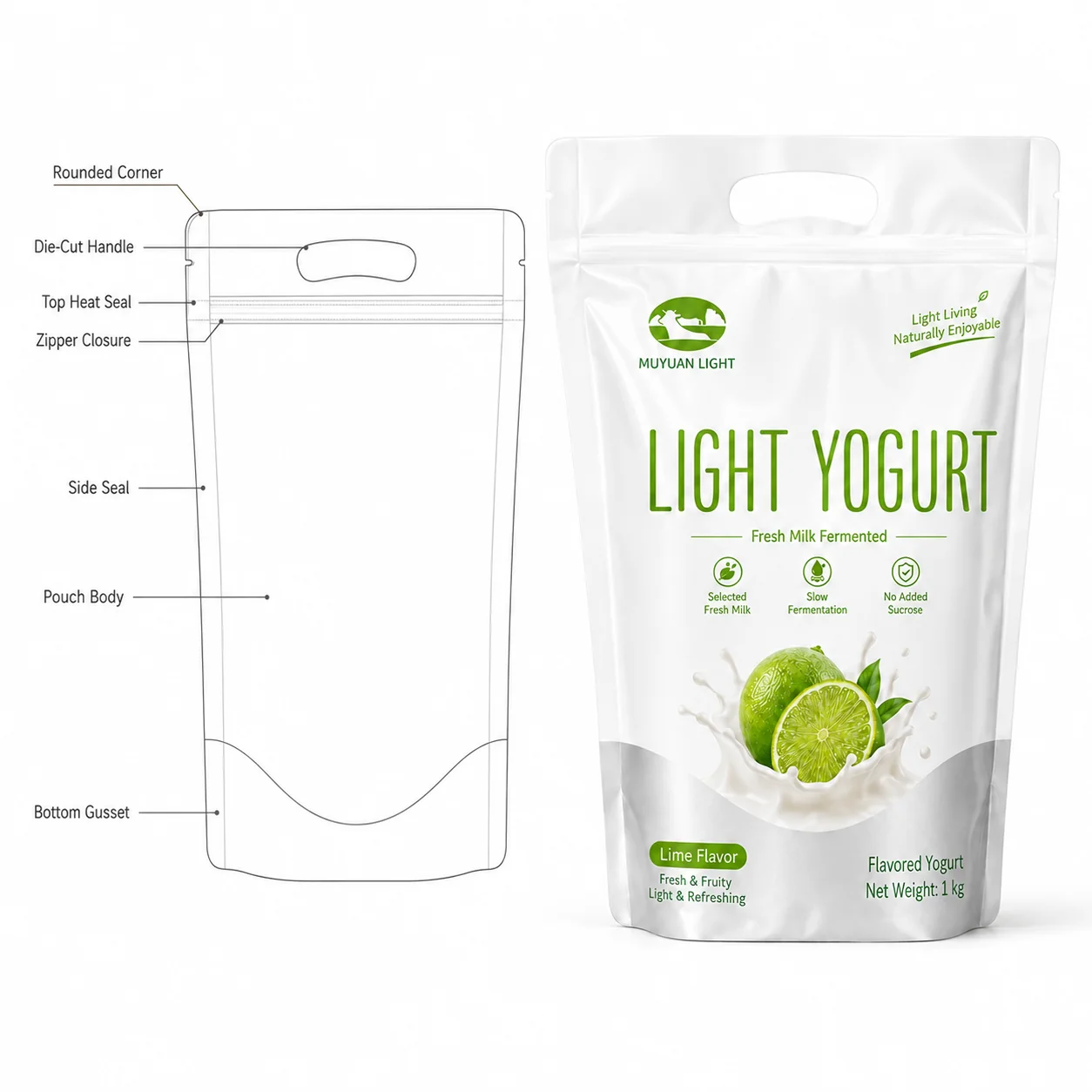 Structural line drawing and dimensions of a milk stand-up pouch