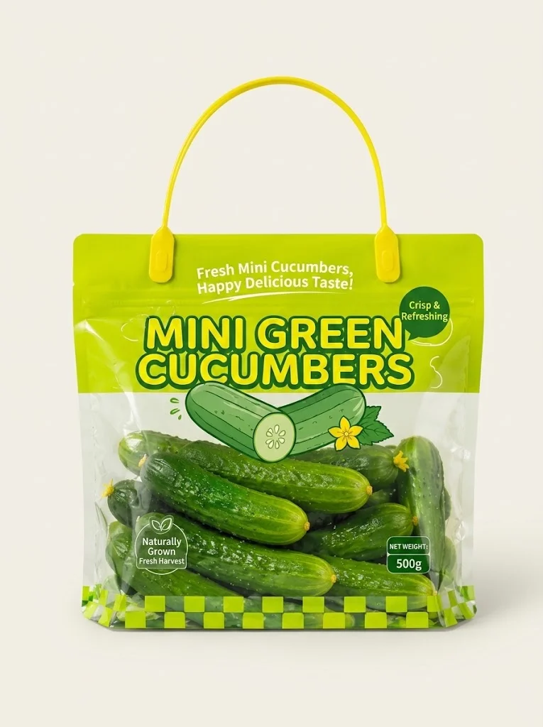 Custom agricultural packaging bags with a carry handle for mini cucumbers
