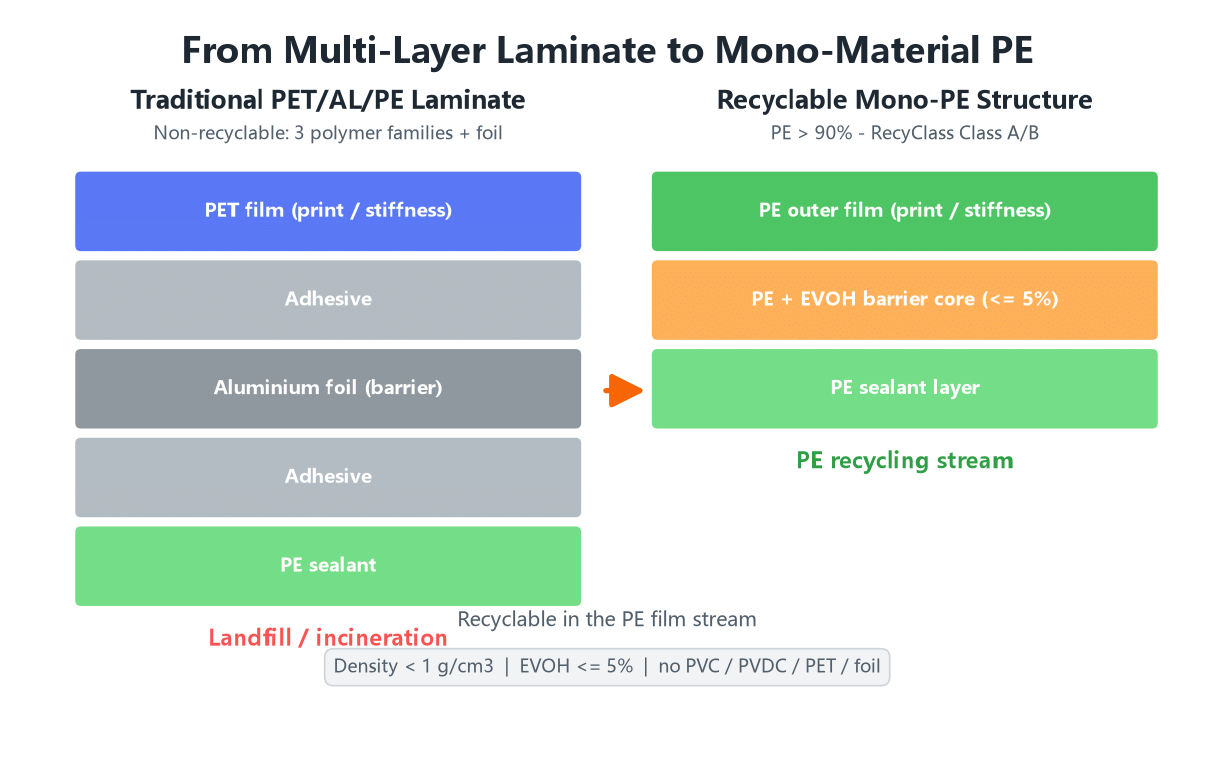 Layer diagram of a mono-material PE pouch showing PE outer, EVOH barrier core and PE sealant layer
