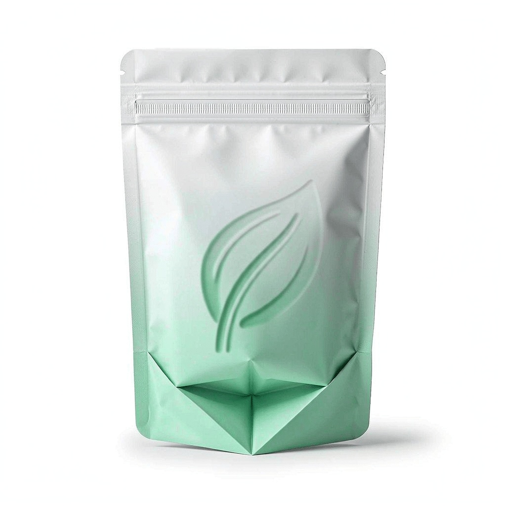 Recyclable mono-material PE stand-up pouch with PE zipper on white background