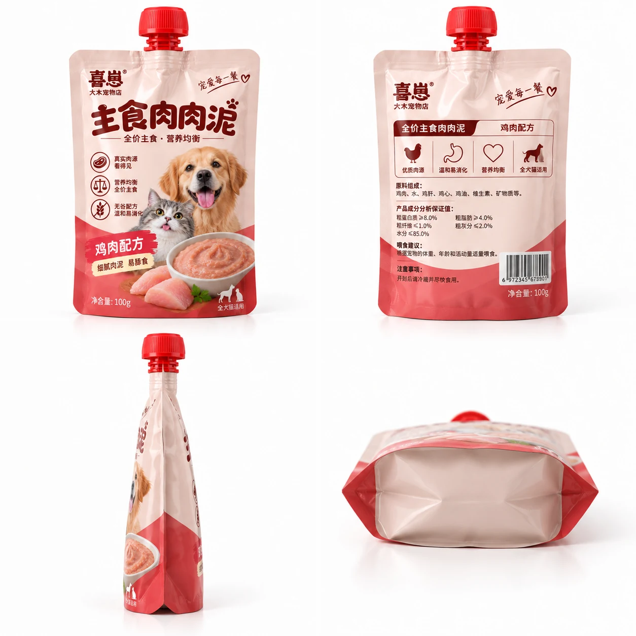 Pet food puree spout pouches - multiple views