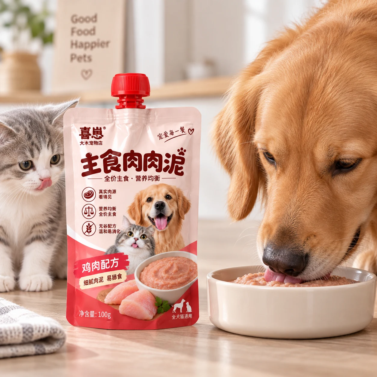 Pet food puree spout pouches - application scene