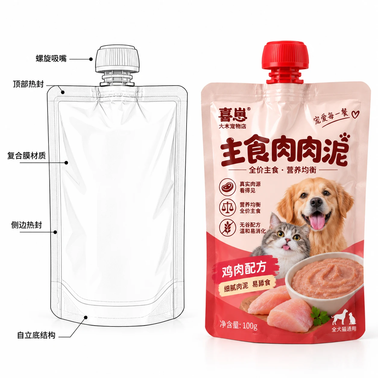 Pet food puree spout pouches - structure drawing