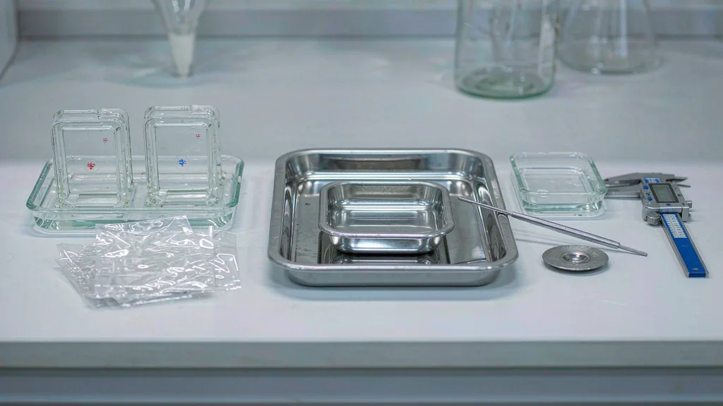 Laboratory bench with migration test cells, beakers and stacked plastic packaging film samples for food contact testing