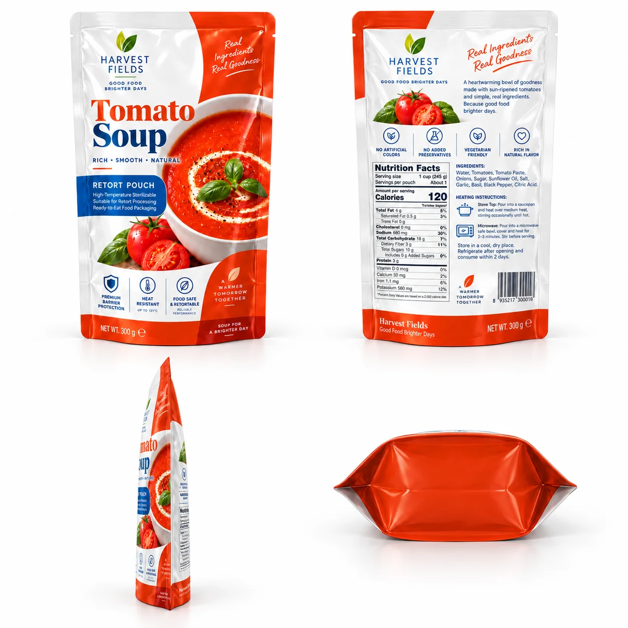 Recyclable stand-up retort pouch from multiple angles