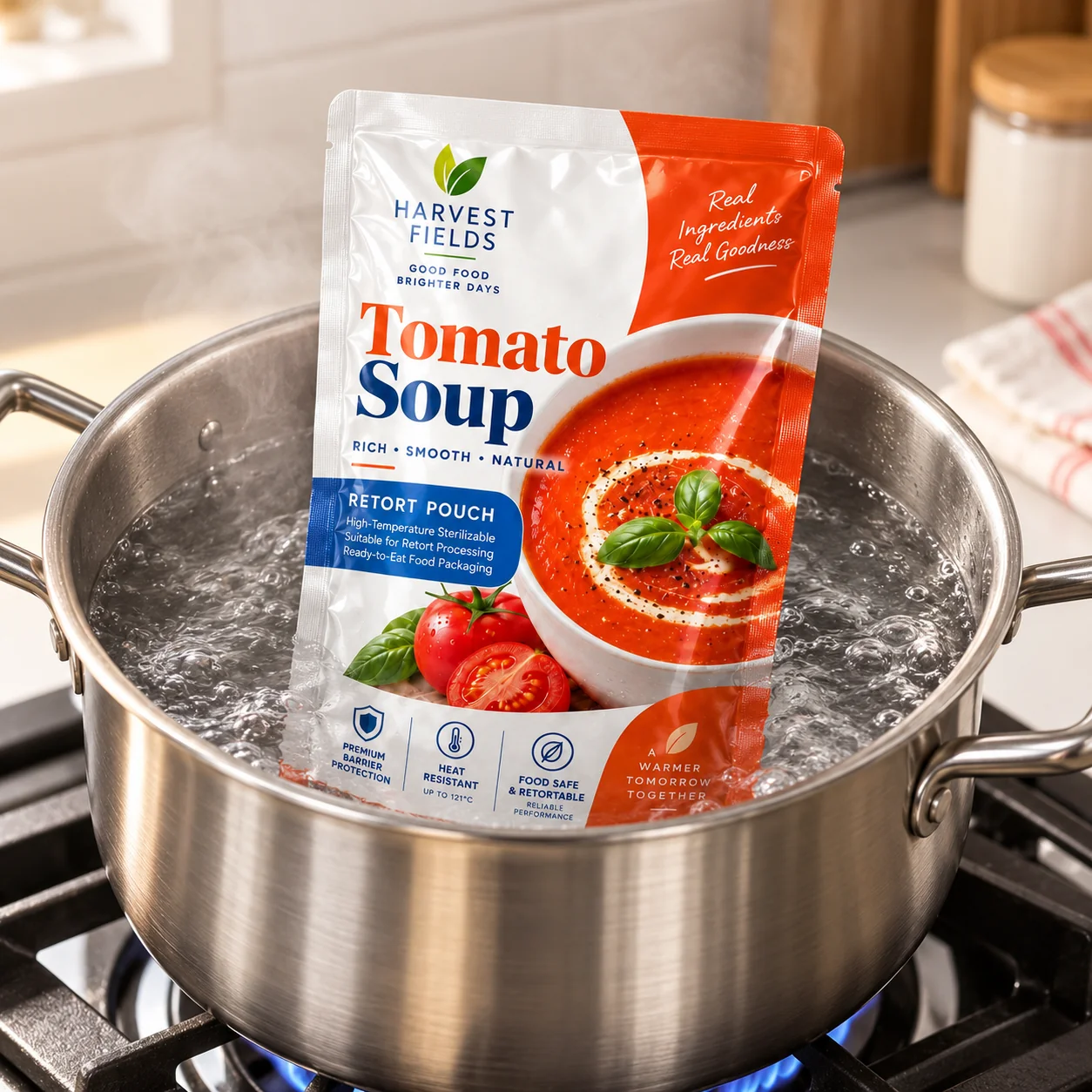 Recyclable retort pouch for sauces and condiments