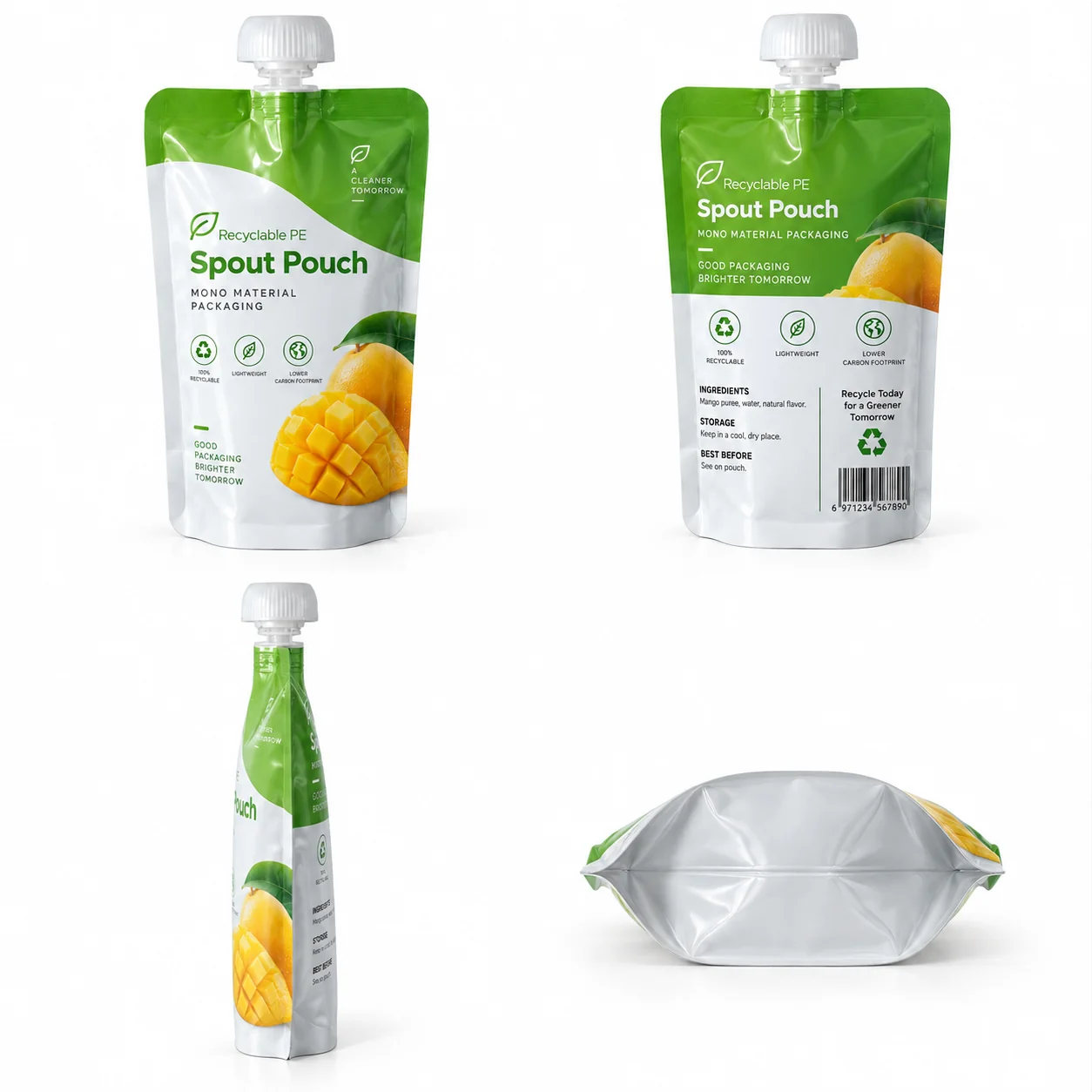 Recyclable stand-up spout pouch from multiple angles
