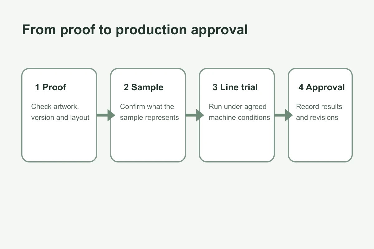 Packaging roll stock sample and production trial workflow