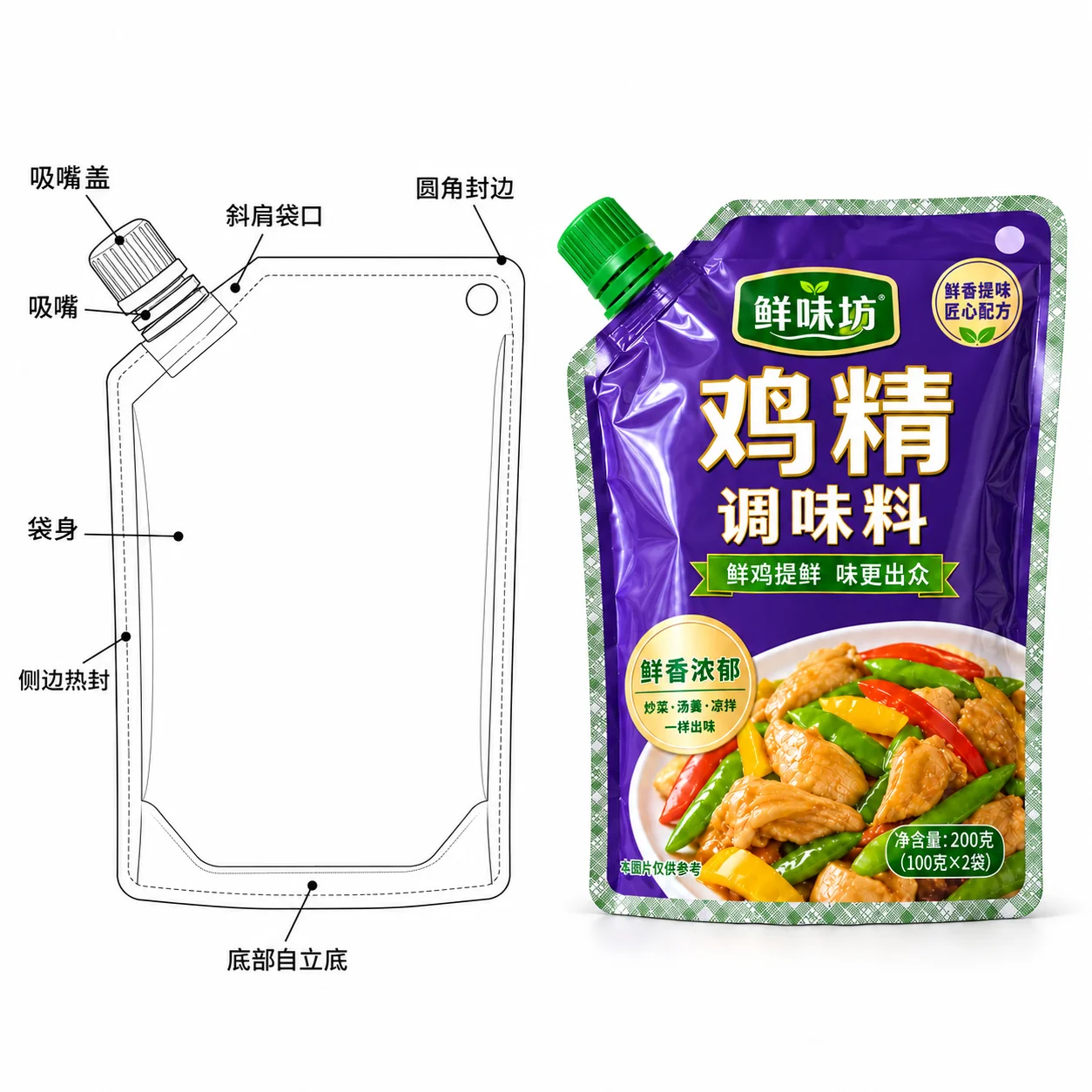 seasoning powder spout pouches spout cap and stand-up base diagram