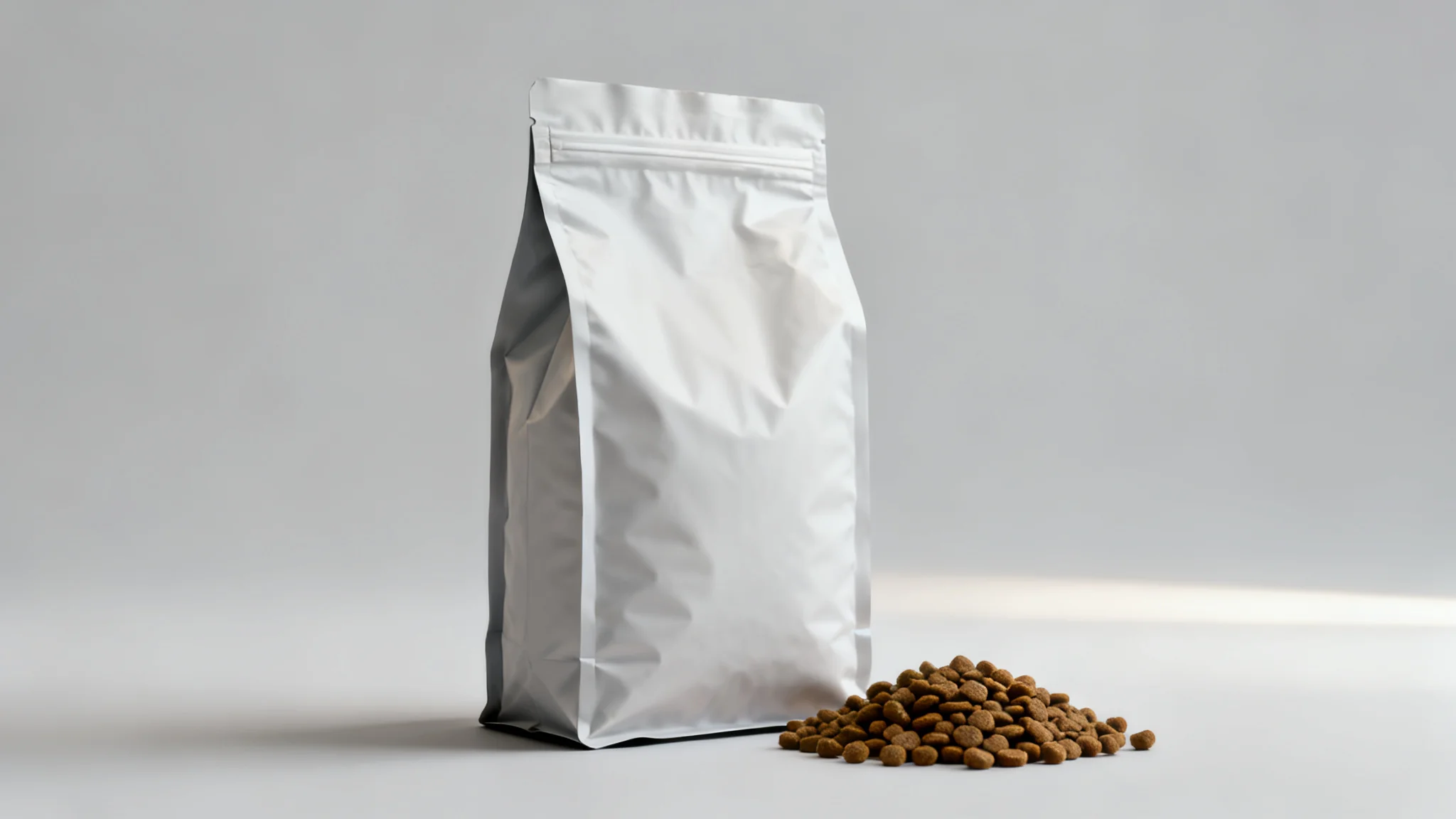Dry pet food packaging: a filled side gusset bag beside a small pile of kibble