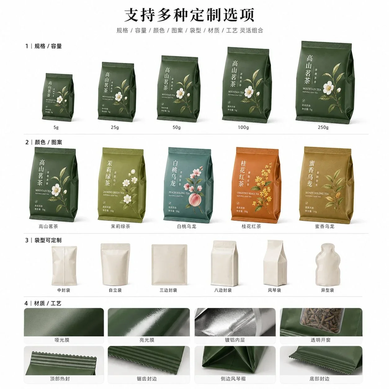 Tea Pouches, Custom Side Seal Gusset Pouches, Pouch for Snacks, Nuts, Candy, Chocolate and Coffee Beans packaging view