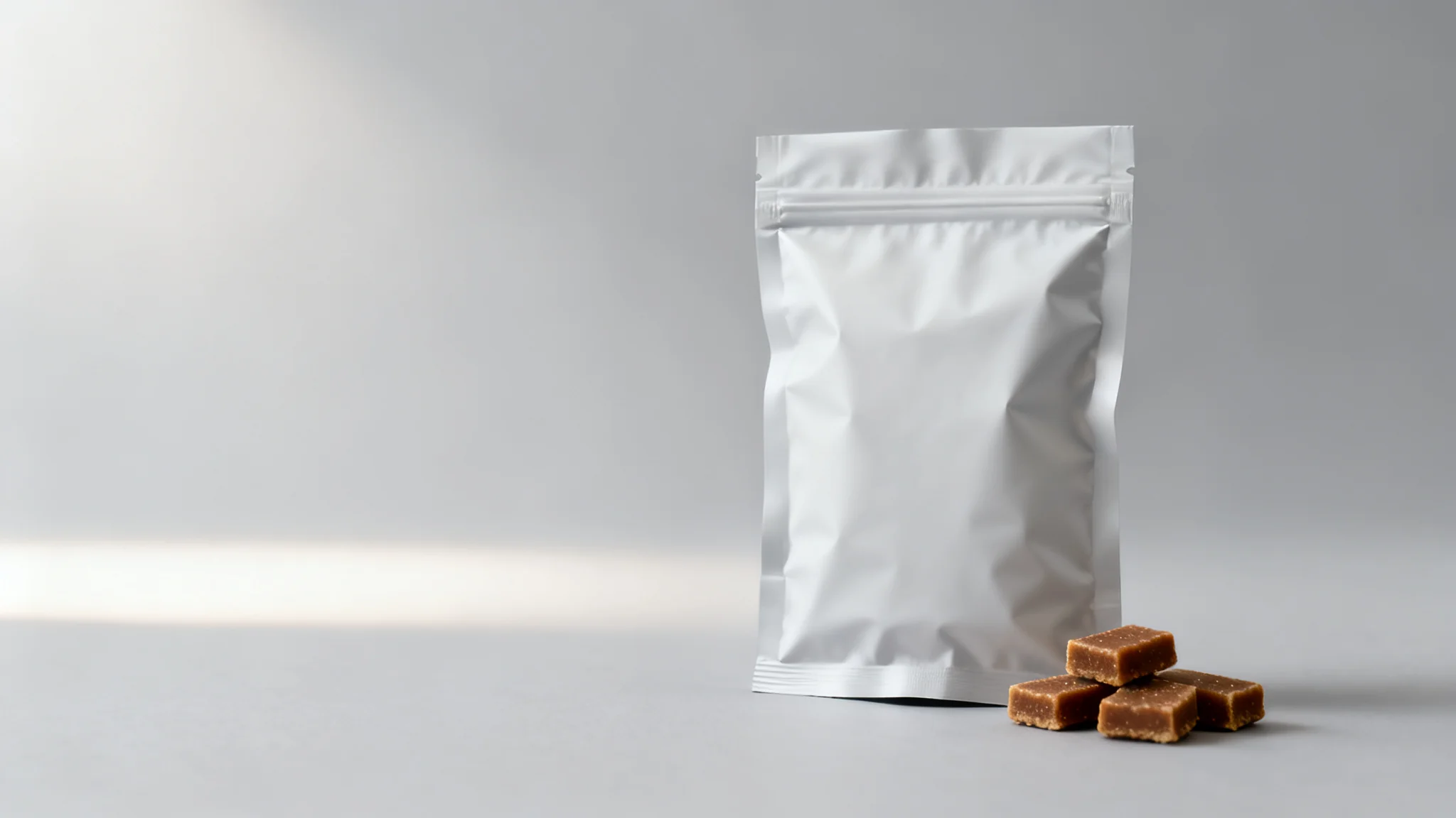 Soft chew packaging: a sealed pouch of soft chews on a clean studio background
