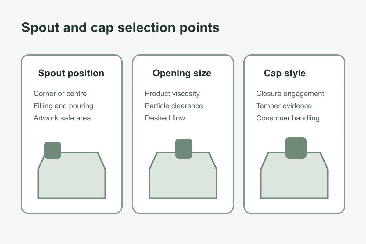 Spout placement diameter and cap options for custom pouches
