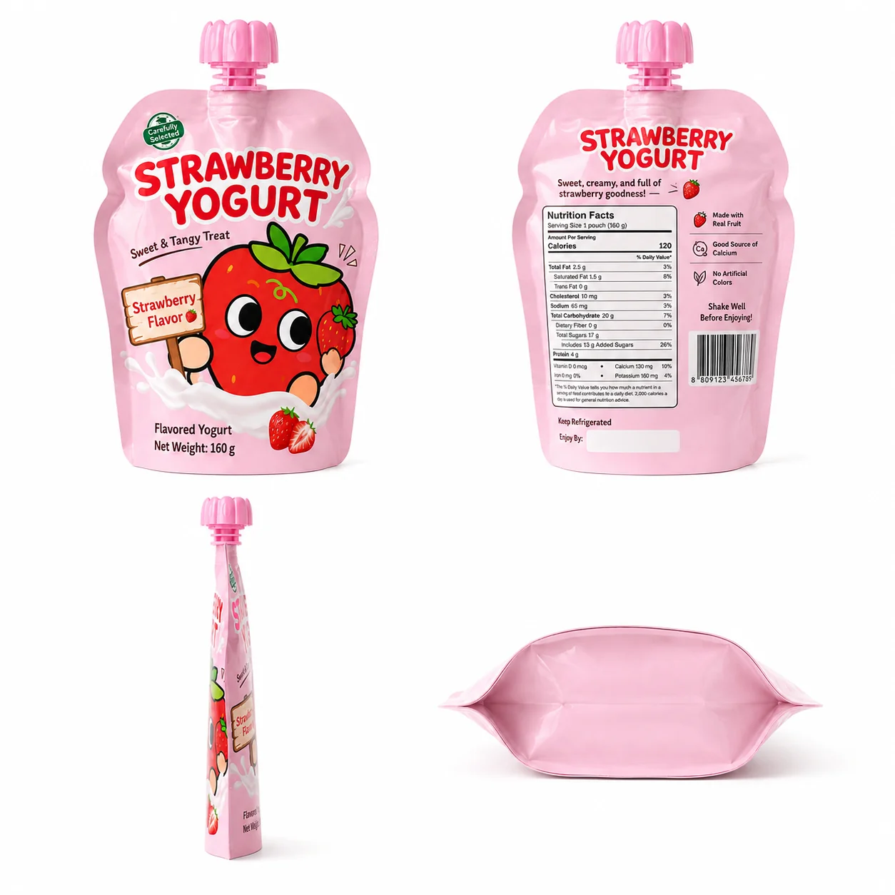 Multi-angle view of yogurt drink pouch