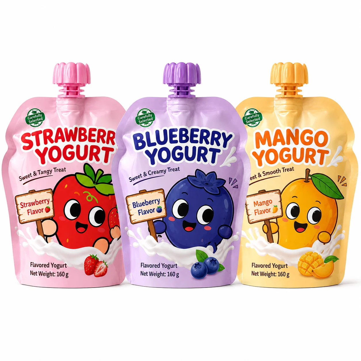 Yogurt spout pouch range in different sizes