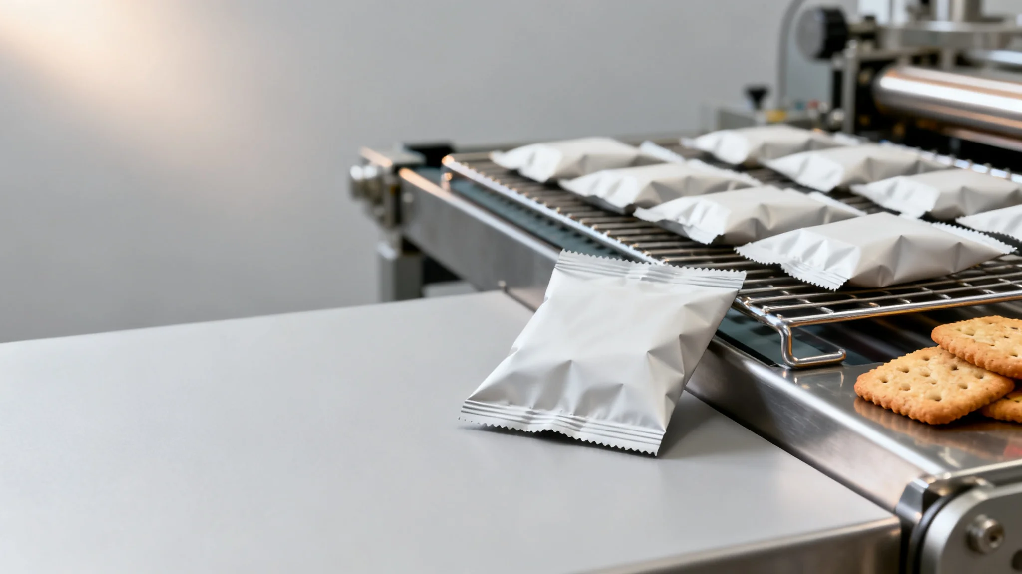 Concept visual of baked snack pouches beside a cooling conveyor, illustrating how bakery snack packaging protects crispness after cooling