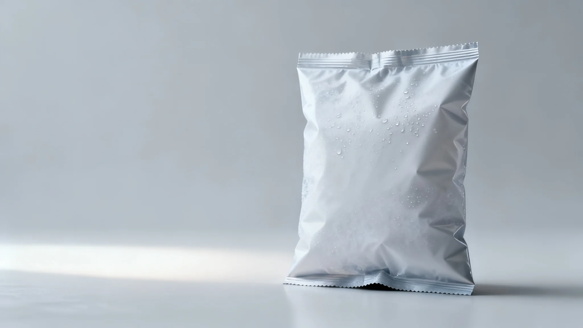 Concept visual of a frozen prepared meal pouch showing condensation on the film in a cold-chain setting